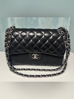 CHANEL Classic Black Flap Bag with Silver Chain Lambskin Jumbo Size